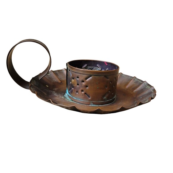 Vintage Copper Candlestick Holder Taper With Patina Punched - Picture 4 of 4